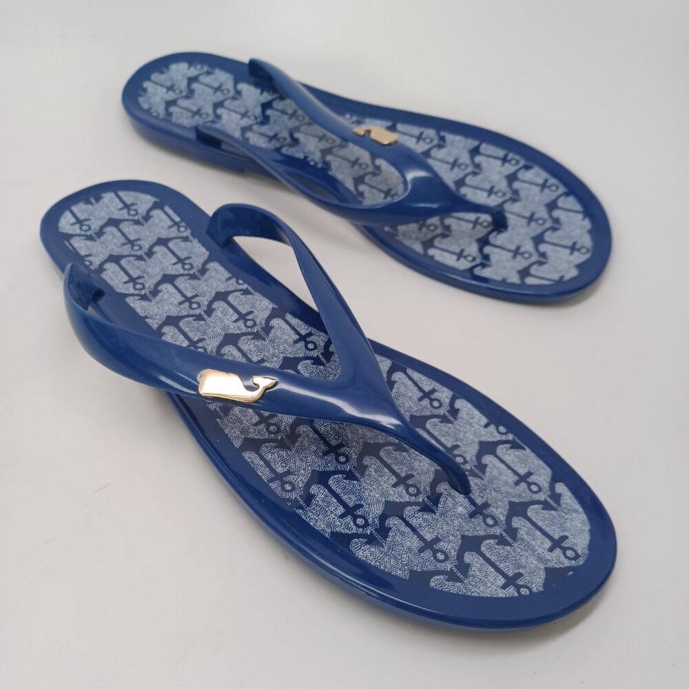 Vineyard Vines Sandals Womens 9 Blue Rubber Flip Flop Thongs‎ Anchor Print Jelly - Picture 9 of 10